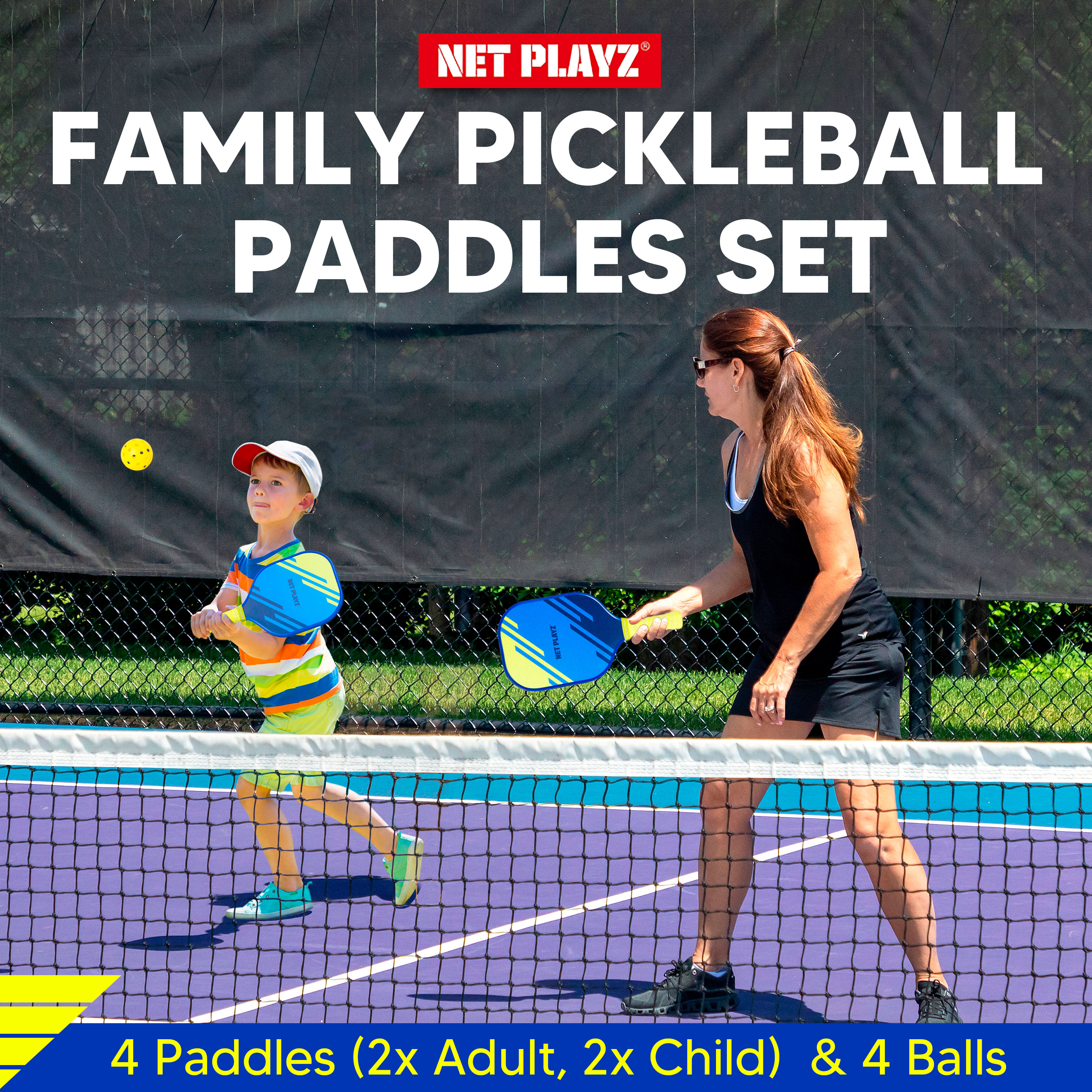 Pickleball Paddles Family Set, Net Playz, 2 Kid-Size 2 Adult-Size